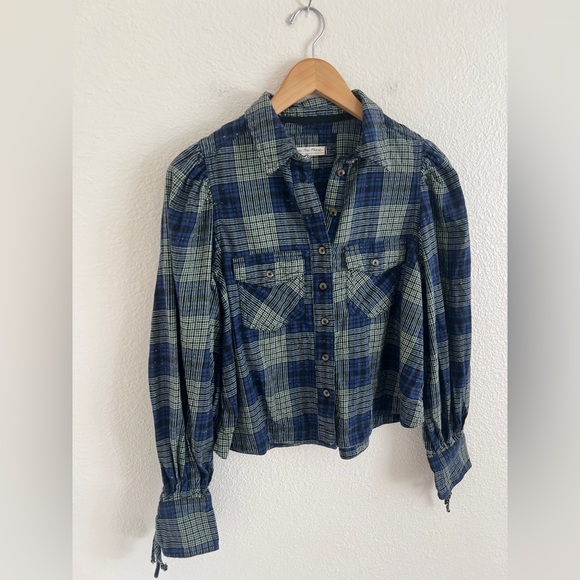 FREE PEOPLE blue sun city plaid puff sleeve top grunge preppy / size XS - Picture 3 of 8